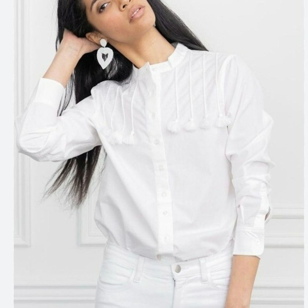 The Shirt by Rochelle Behrens NEW White Tassel Button Front Shirt Preppy SZ XL